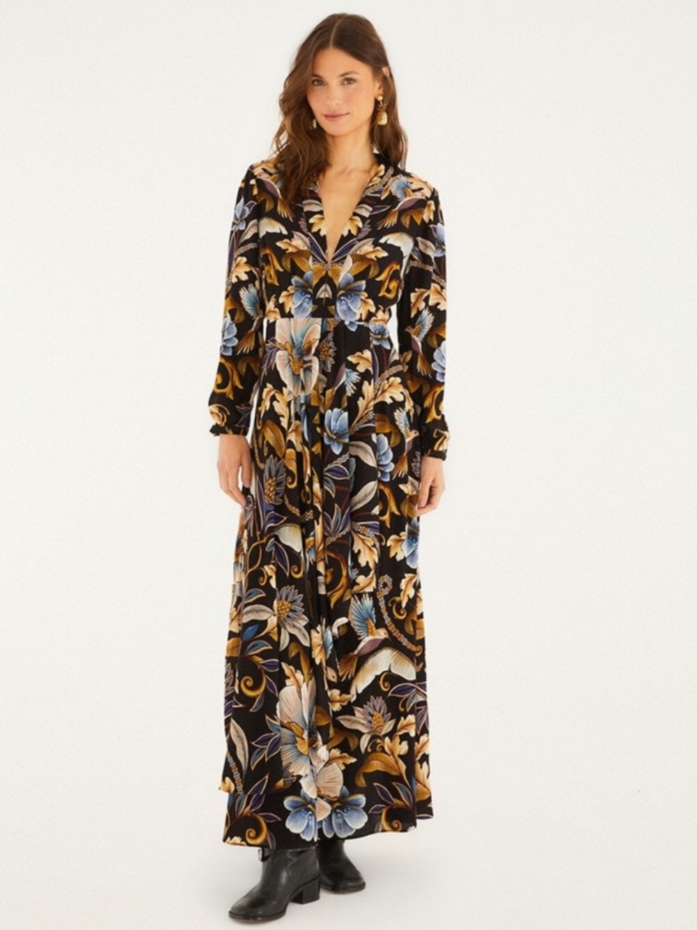FARM Rio Black Floral Long-Sleeve V-neck Maxi Dress Size Small NWT